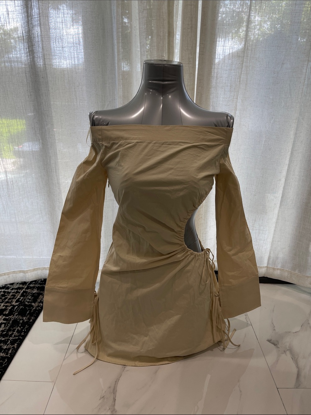 Beige botany Cream Cutout Midi Dress with Long Sleeves, off the shoulders size S